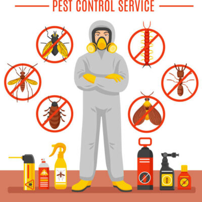 Pest control service vector illustration with exterminator of insects in chemical protective suit termites and disinfection cans flat icons